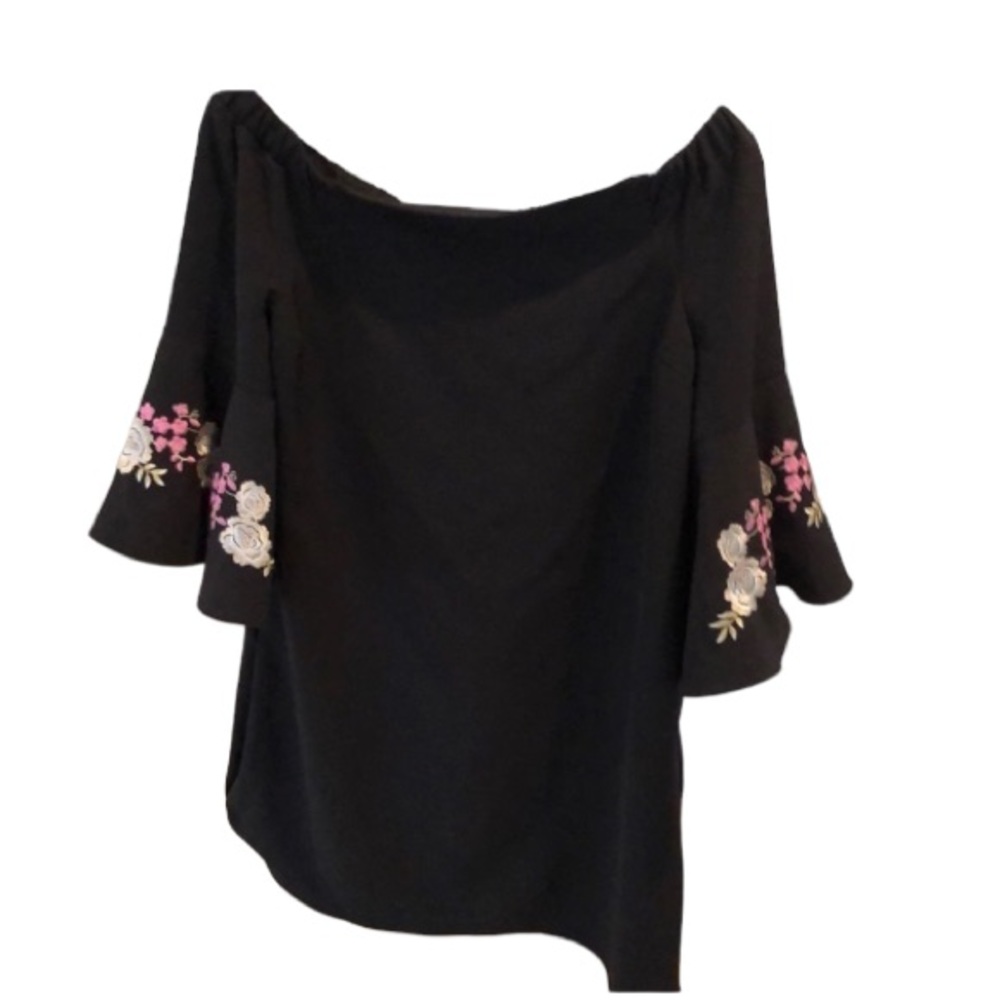 Jennifer Lopez small Black off shoulder mini dress with embroidered 3/4 sleeve